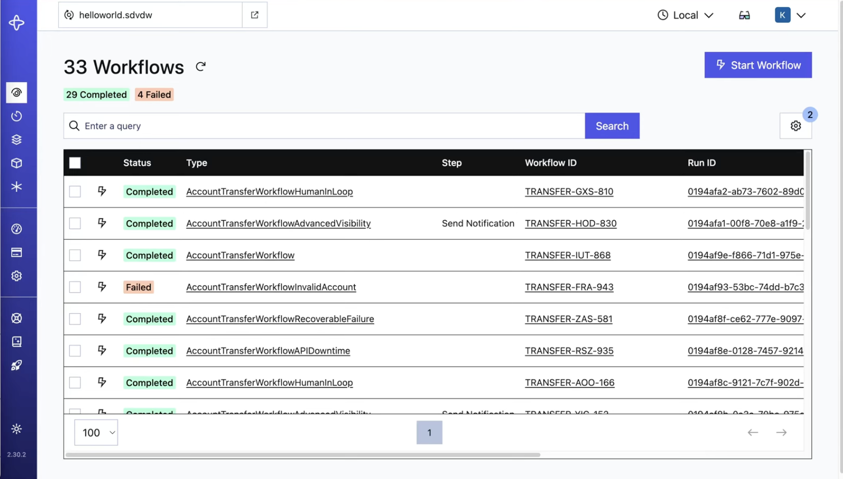 Temporal Web UI showing a completed money transfer Workflow